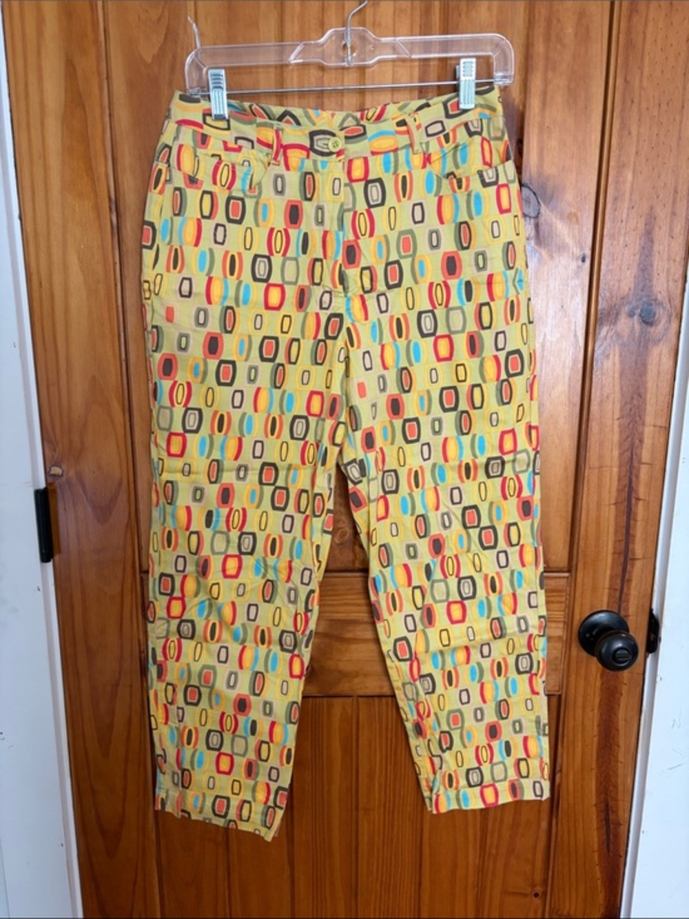 Talbots Petite Yellow Green Geometric Print ankle Pants 8P colorful cotton red